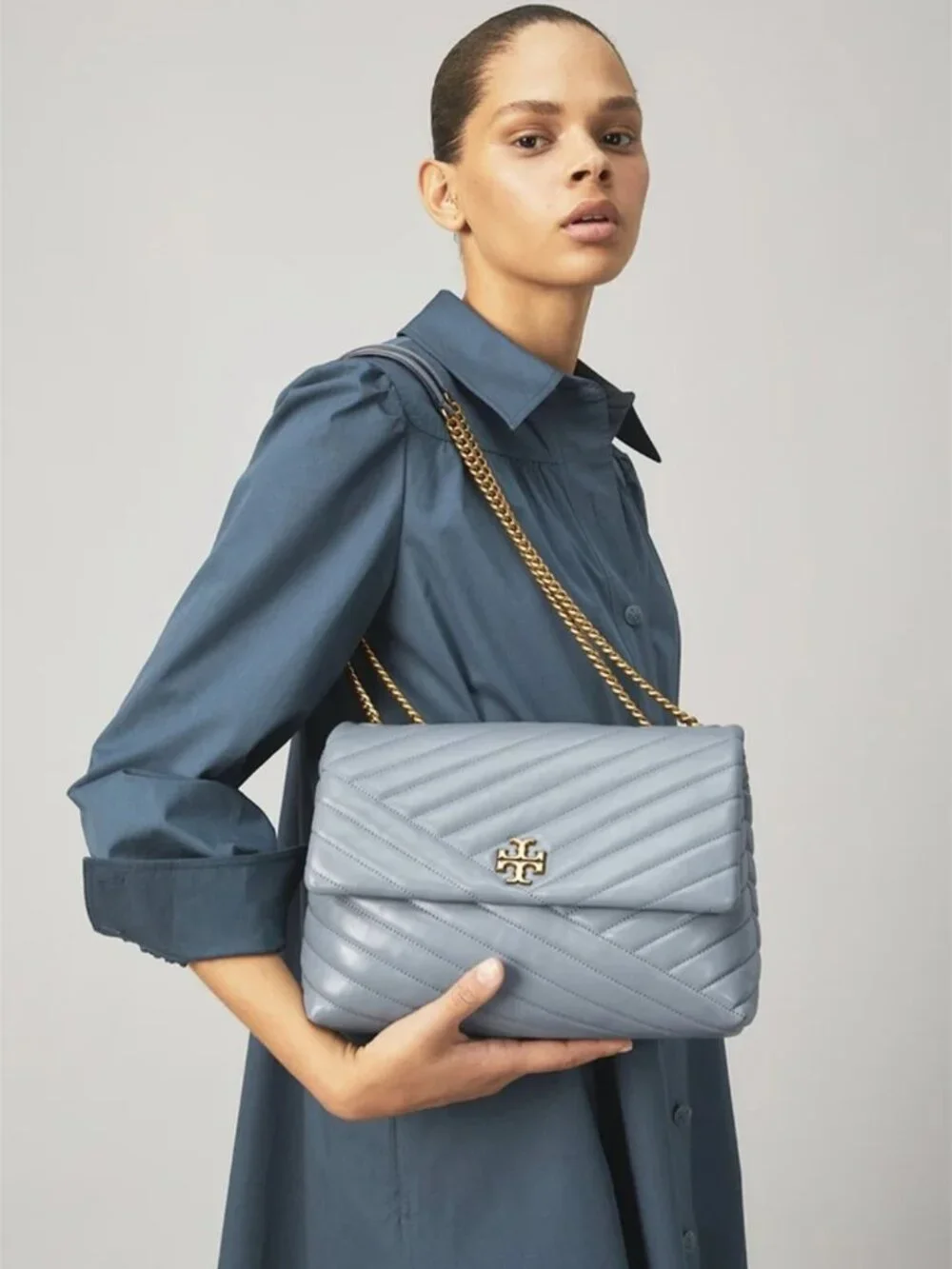 NWT Tory Burch Kira Chevron Small Convertible Bag Rainwater MSRP $598